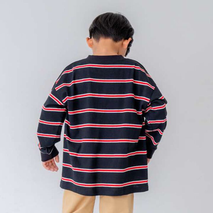 Multi Stripe Pattern Ribbed Sleeve Big Long T-Shirt,Beige, medium image number 18