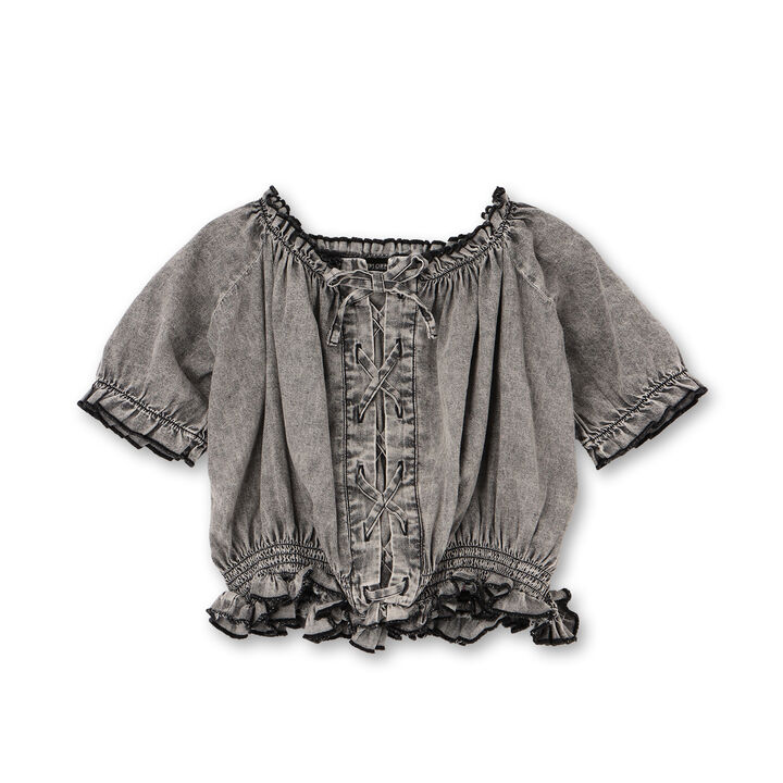 Lace-up Off-Shoulder Blouse,Gray, medium image number 0