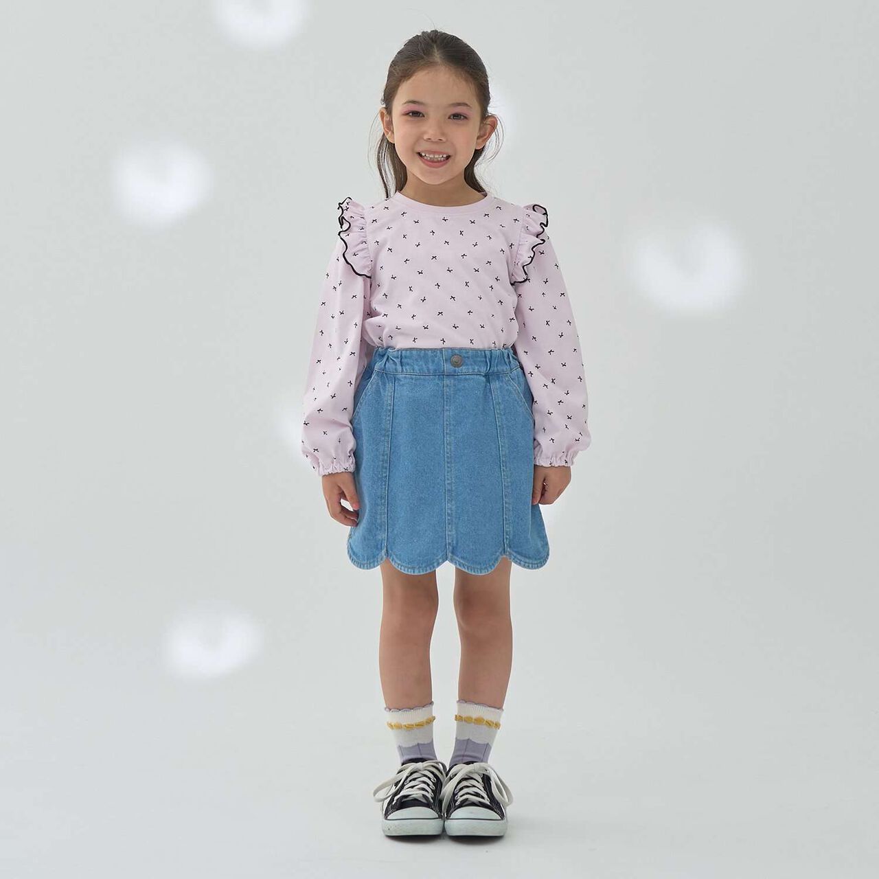 Stretch Denim Scallop Trim Skirt with Shorts,Sax blue, large image number 27