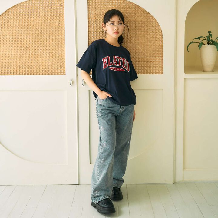 Sparkling Motif Wide Denim Pants,Navy, medium image number 0