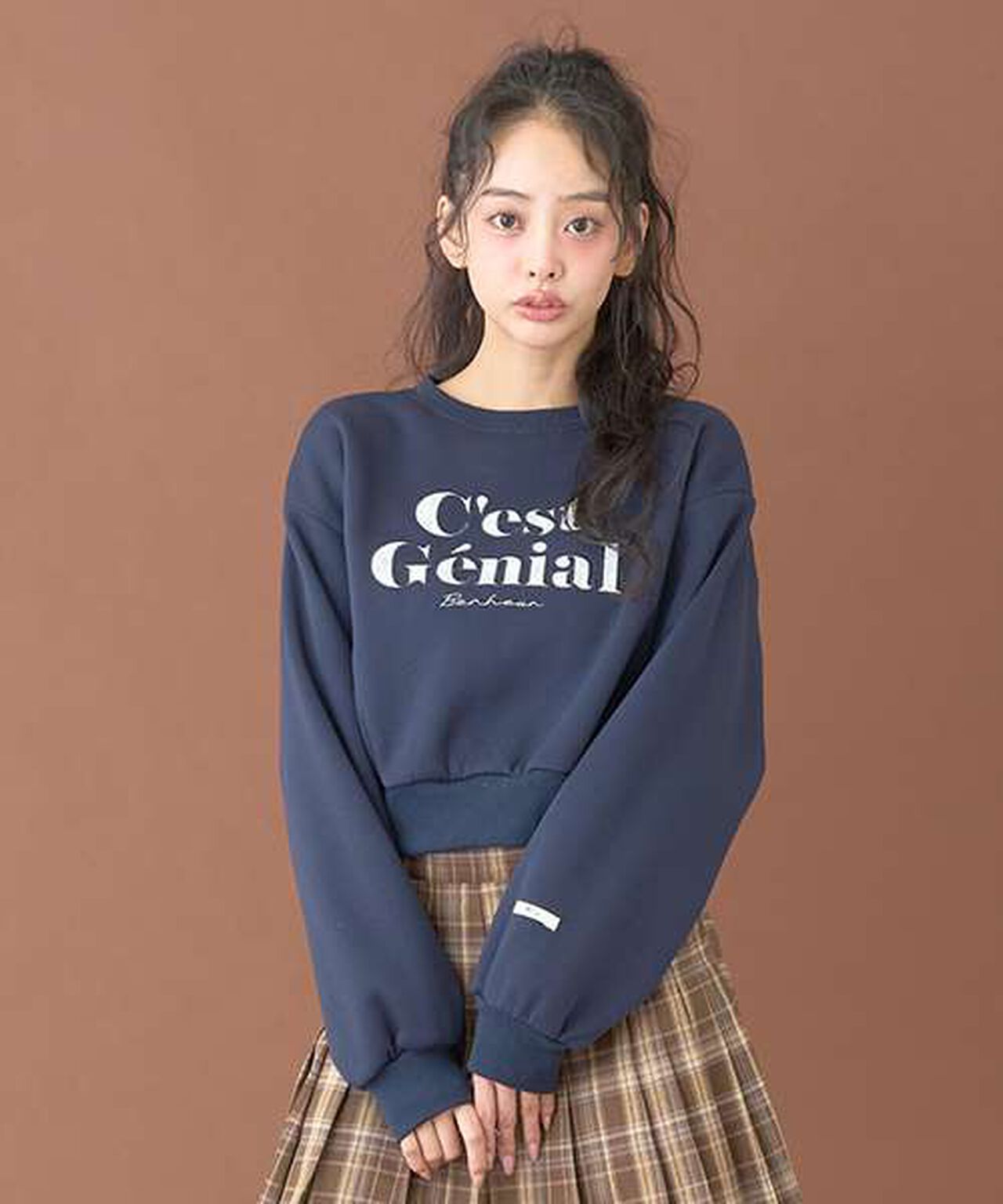 Lace Logo Sweatshirt [Korean Fashion],Navy, large image number 0