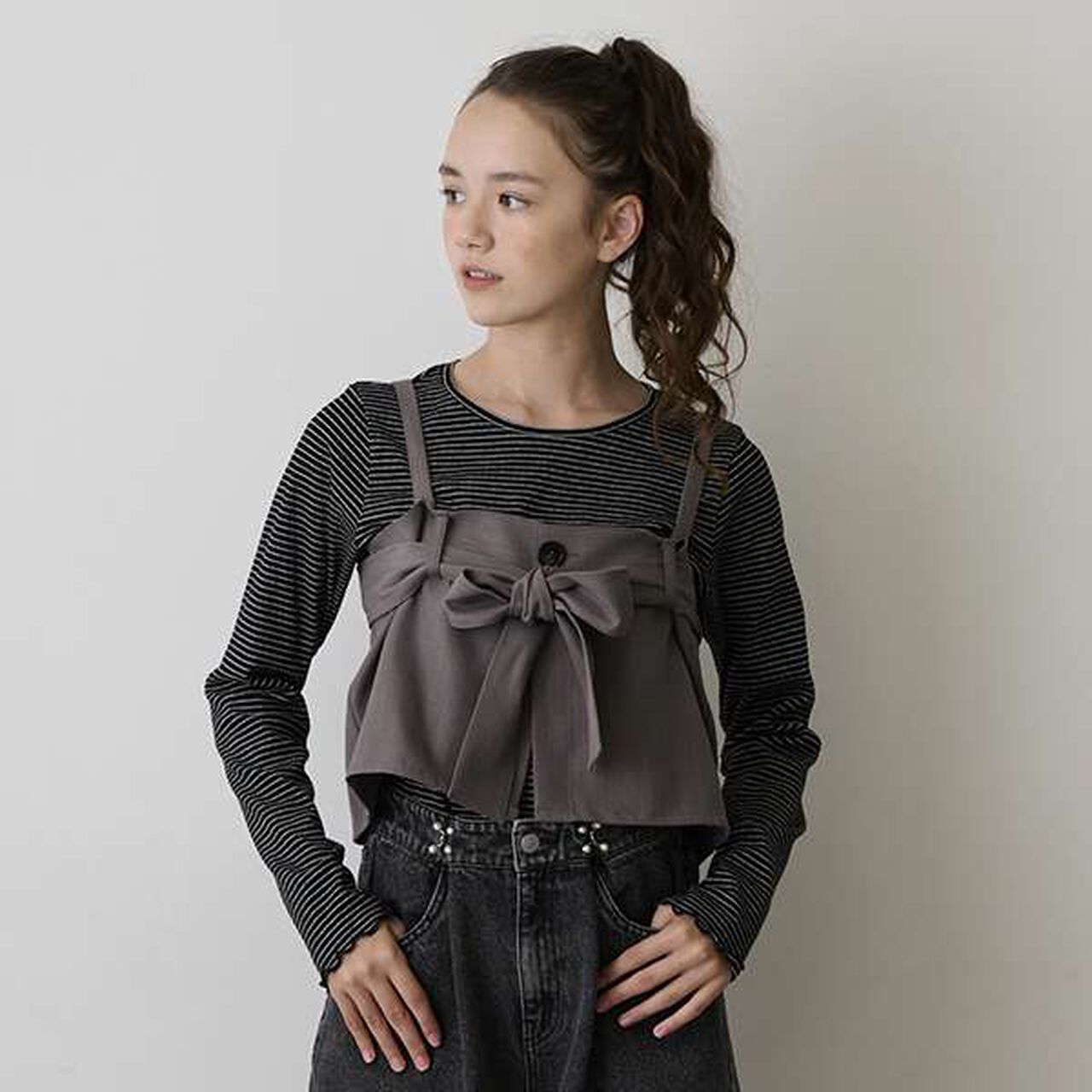 [AMI] Ribbon Bustier Long T-Shirt Set,Charcoal gray, large image number 0