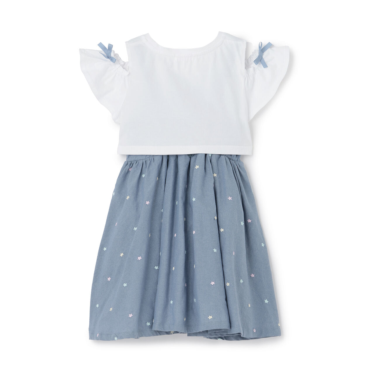 Shoulder Opening Short Sleeve T-Shirt & Star Camisole Dress Set,Sax blue, large image number 1