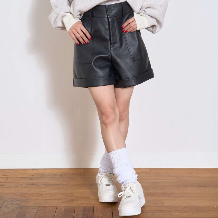 [LTXC] Faux Leather Shorts,Black, medium image number 1