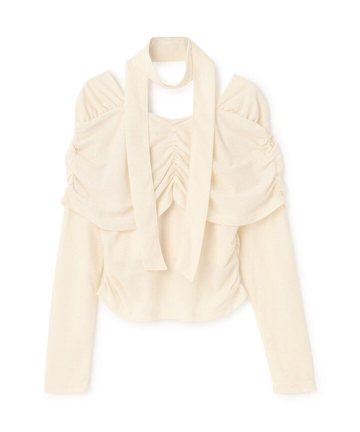 Tie-Detail Gathered Off-Shoulder Cut and Sew Top,, medium