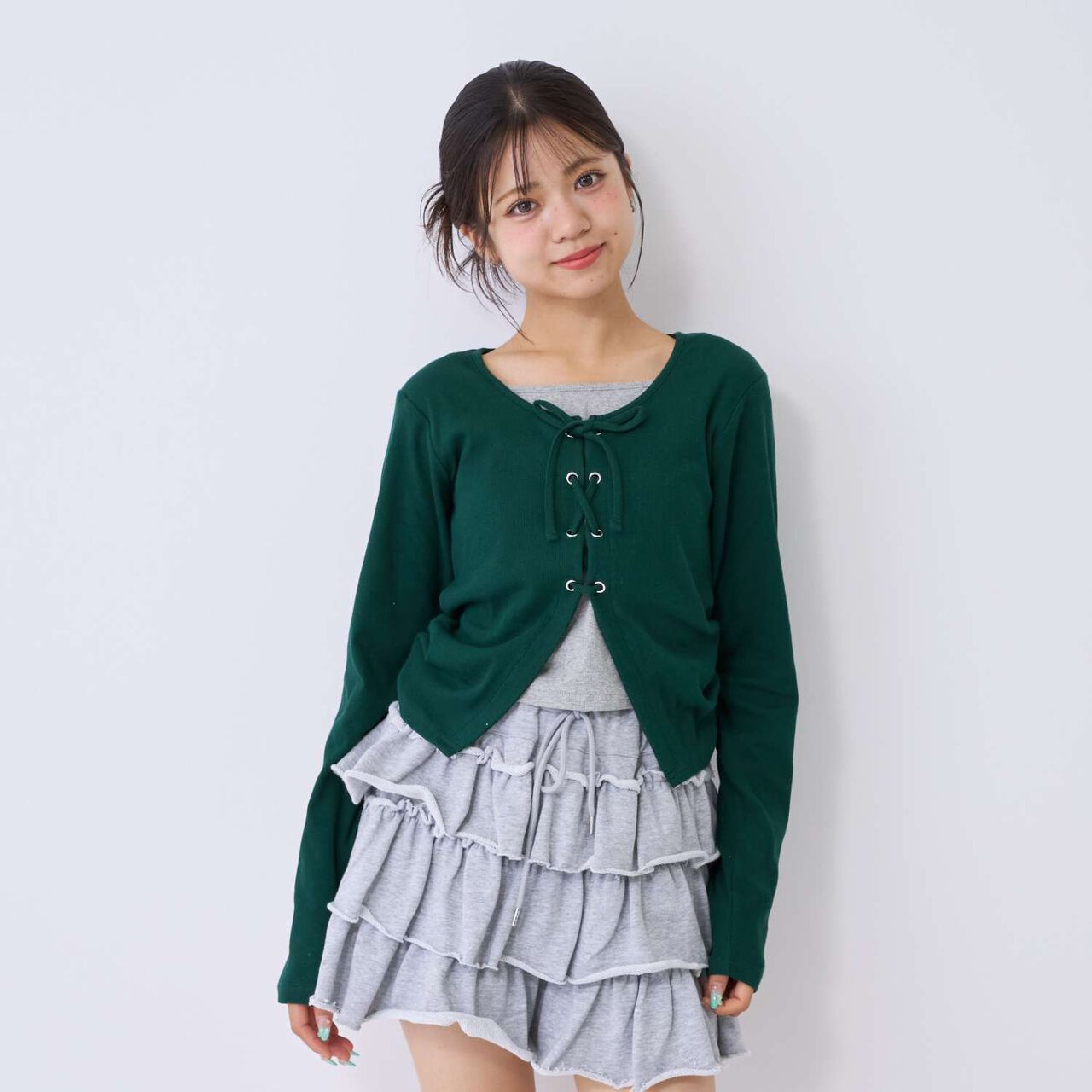 [Antibacterial Deodorizing] Lace-Up Ribbed Long-Sleeve T-Shirt,Green, large image number 4