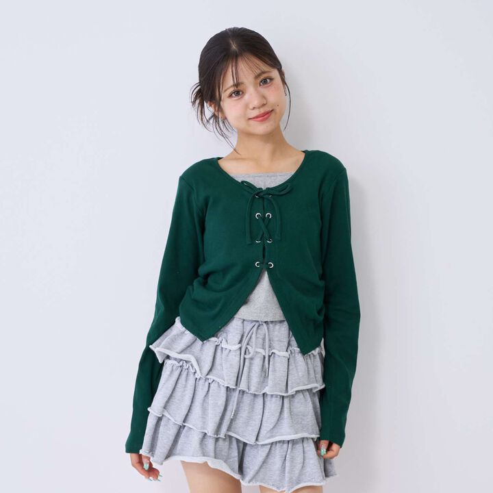 [Antibacterial Deodorizing] Lace-Up Ribbed Long-Sleeve T-Shirt,Green, medium image number 4