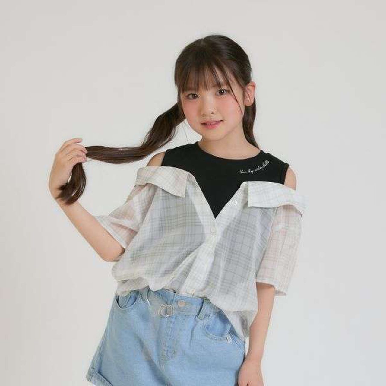 Shoulder Cutout Sheer Check Docking Shirt,Off white, large image number 0