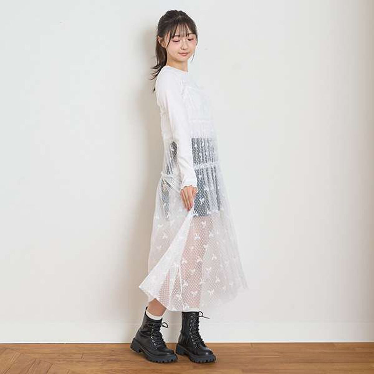 Tulle One-Piece Dress with Inner Wear,Off white, large image number 3