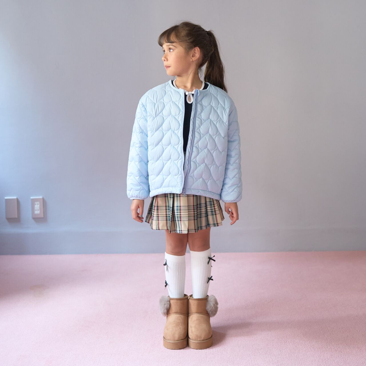 [Light and Fluffy] Heart Quilted Puff Jacket with Storage Pouch,Blue gray, large image number 6