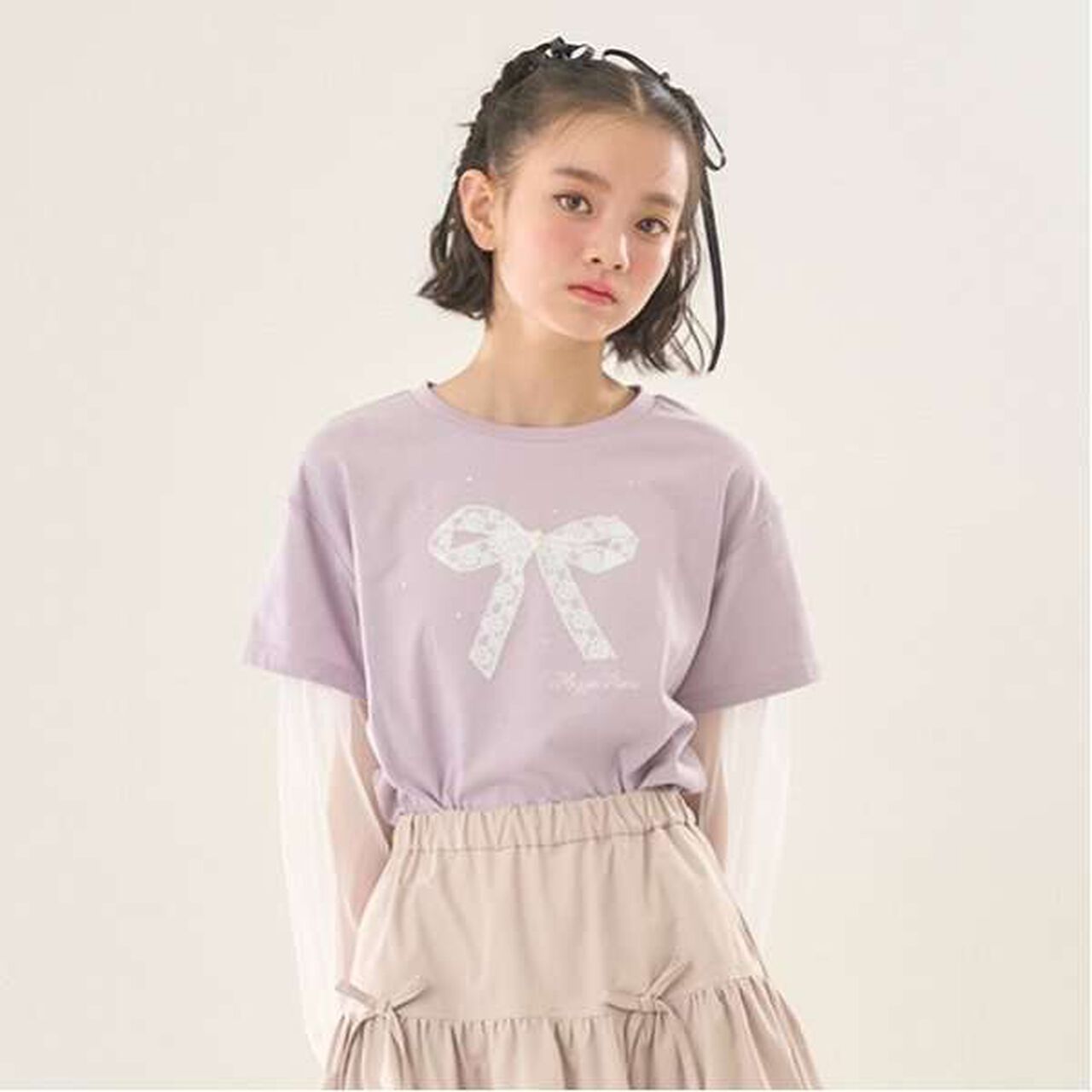 Tulle Layered Sleeve T-Shirt,Light pink, large image number 0
