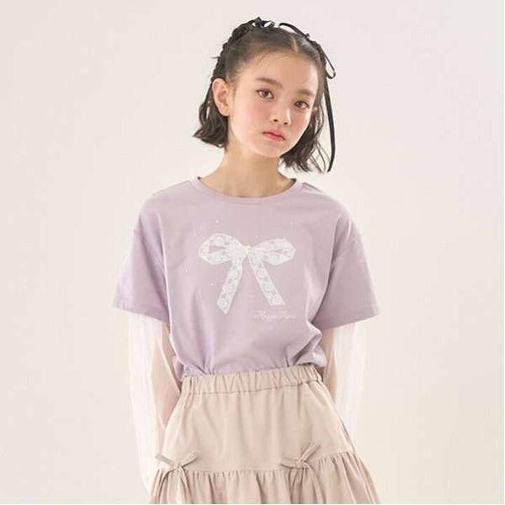 Tulle Layered Sleeve T-Shirt,Light pink, medium image number 0
