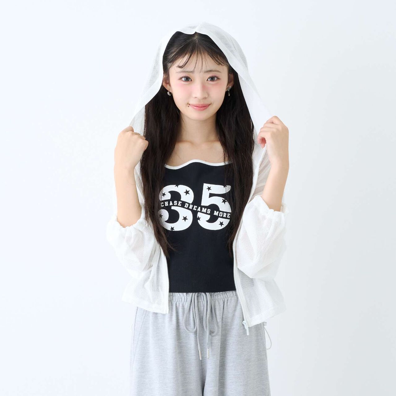 [LTXC/Antibacterial Deodorizing] Mesh Hoodie with Camisole,Black, large image number 3