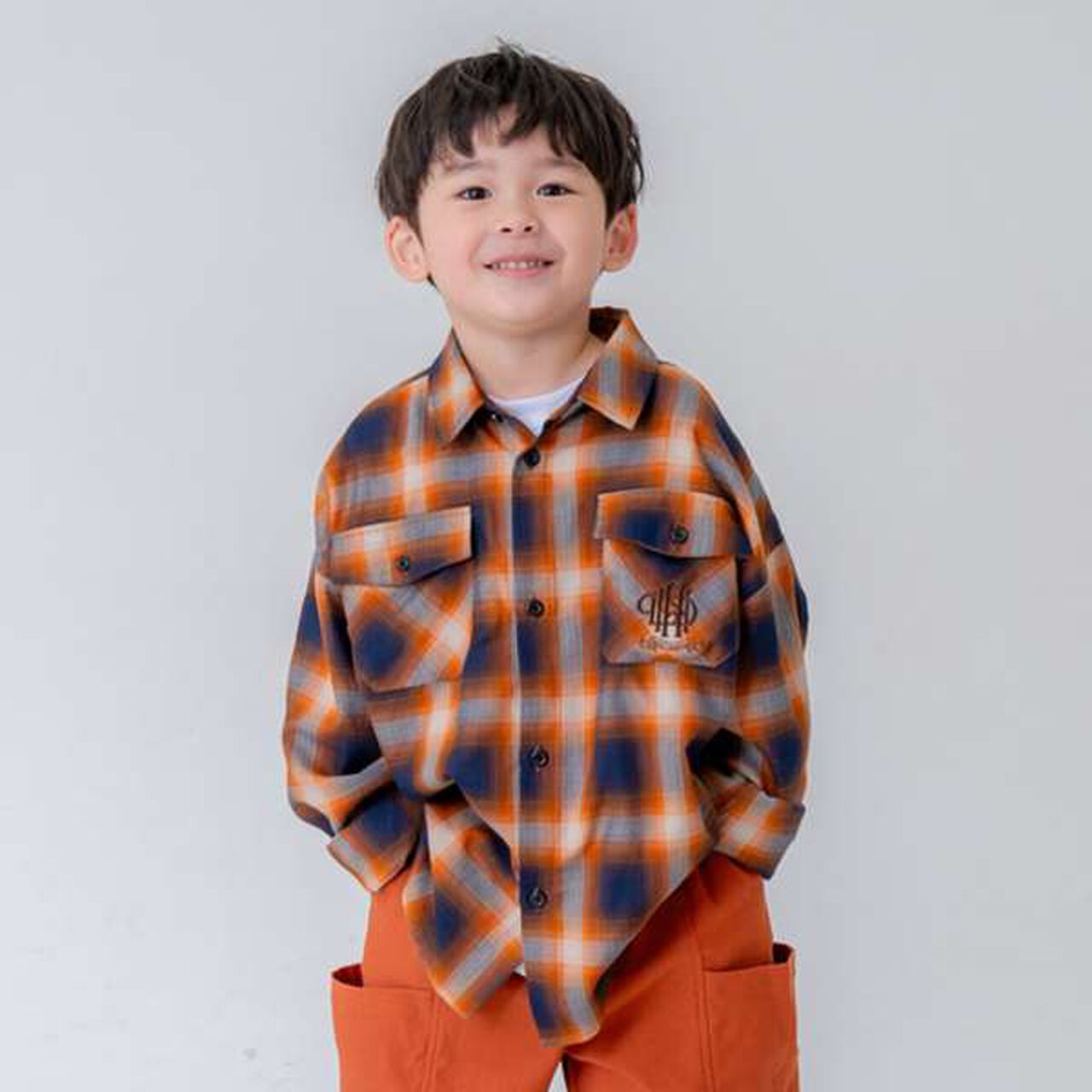 [Link] Ombre Check Emblem Embroidered Shirt,Orange, large image number 14