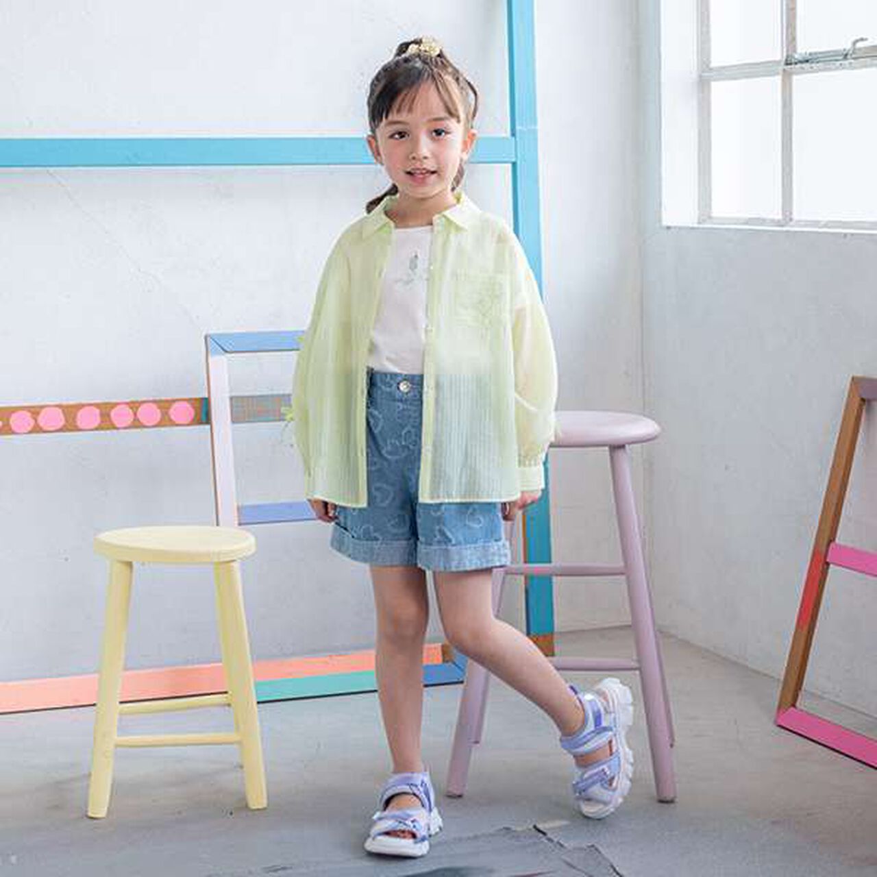 Sleeve Ribbon Shirt & Shoulder Opening Short Sleeve T-Shirt Set,Light green, large image number 14