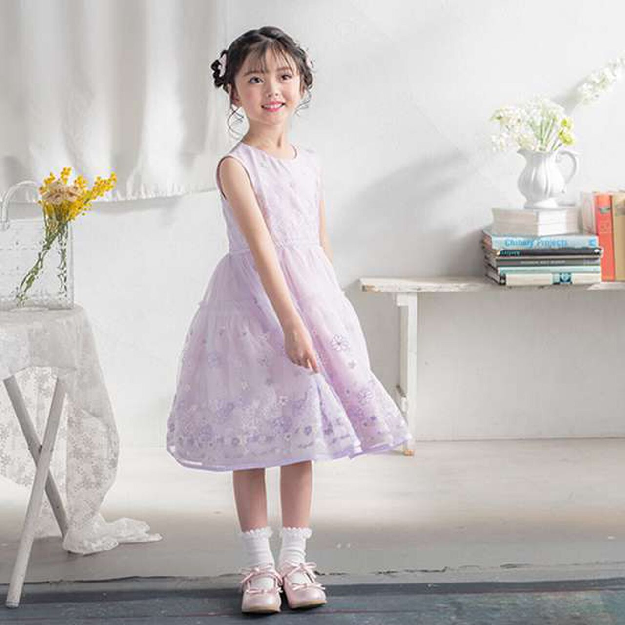 Flower Embroidery Tulle Dress,Lilac, large image number 1