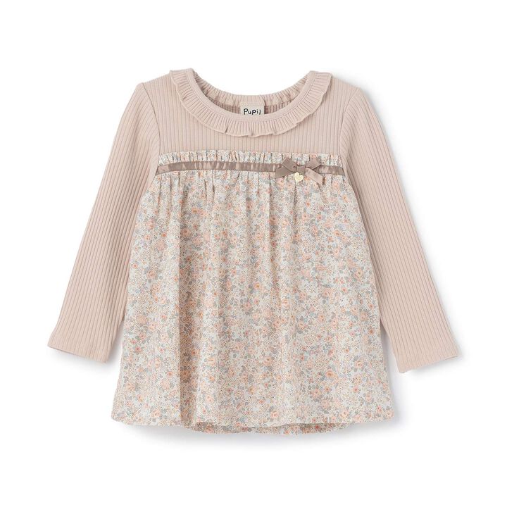 [Airy Silhouette] Floral Pattern Docked Collar Frill Tunic,Light beige, medium image number 7