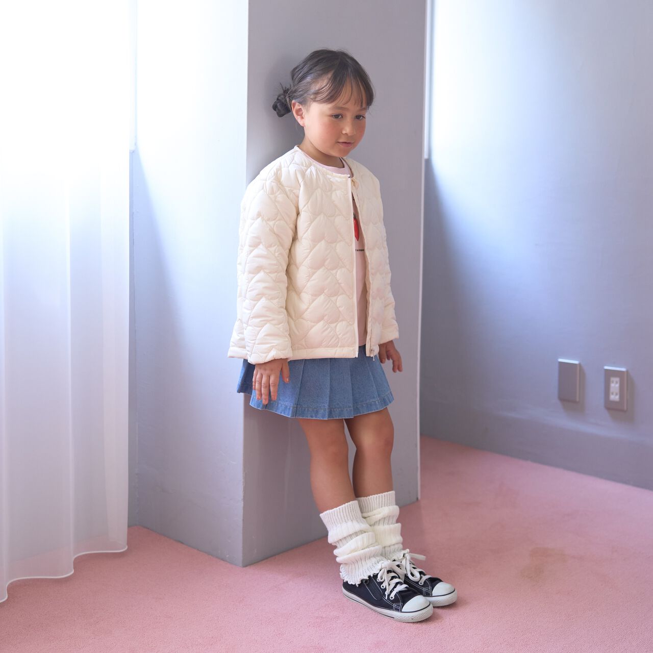 [Light and Fluffy] Heart Quilted Puff Jacket with Storage Pouch,Blue gray, large image number 3