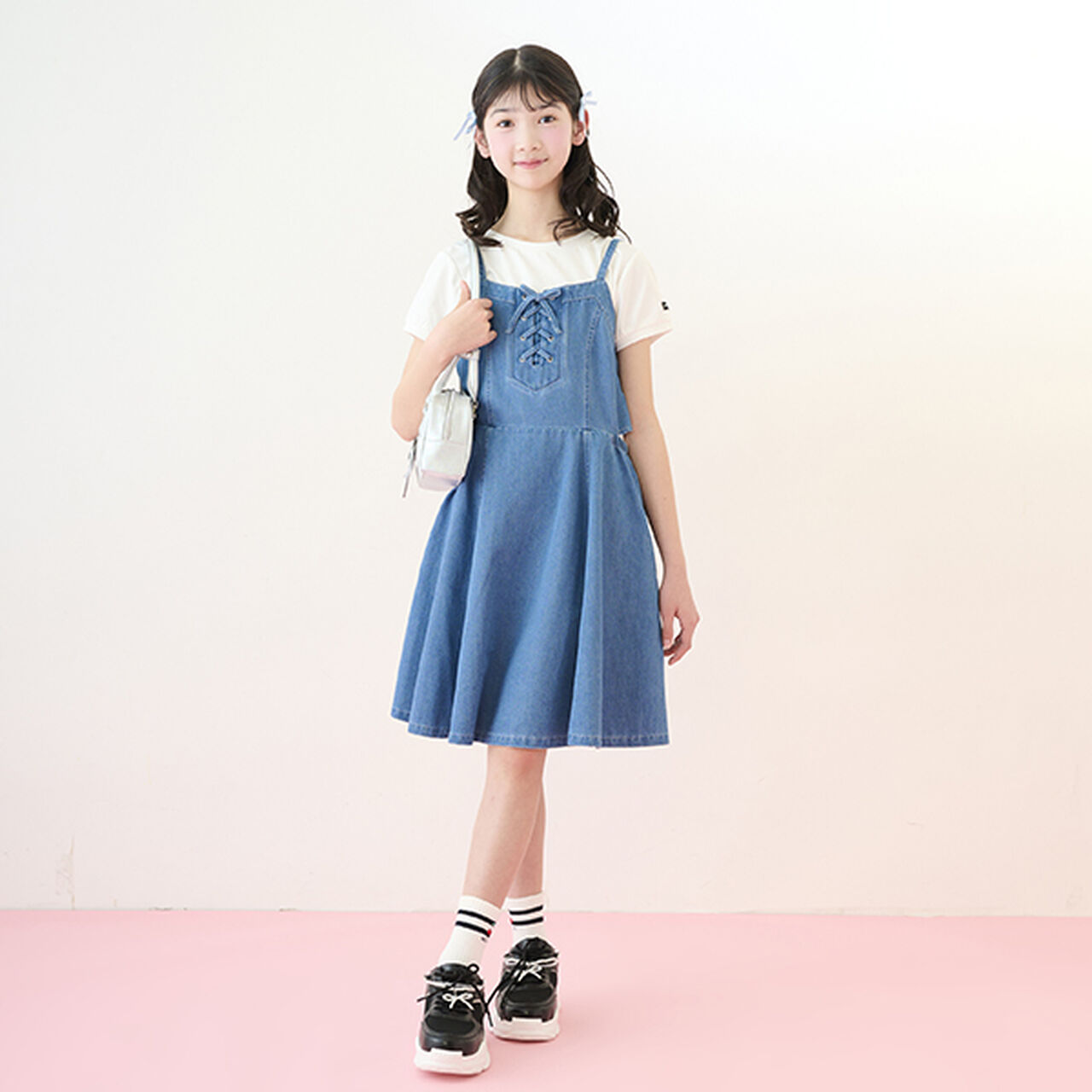 [Cool Touch] Side Slit Lace-Up Jumper Skirt Set,Blue, large image number 0