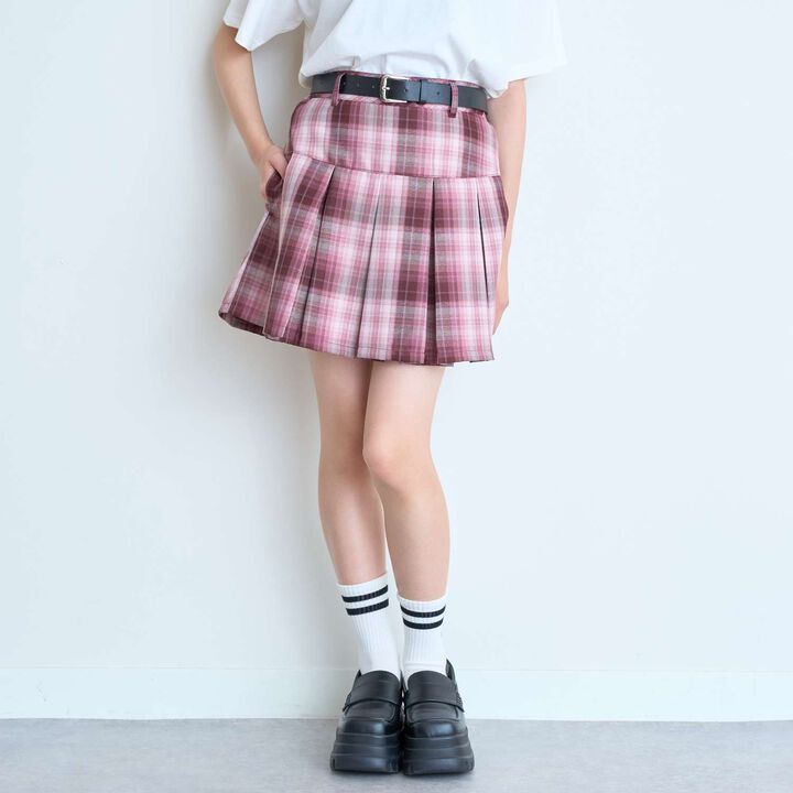 [Easy Care] Check Pleated Skirt with Belt,Pink, medium image number 2