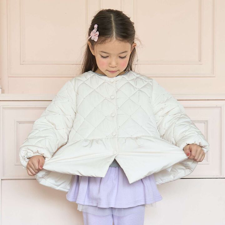 珍珠裝飾絎縫荷葉擺短夾克,象牙白, medium image number 0