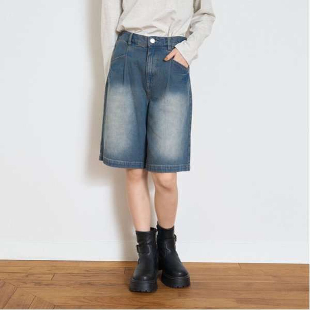 [LTXC] Tuck Half Denim Pants,Black, large image number 14