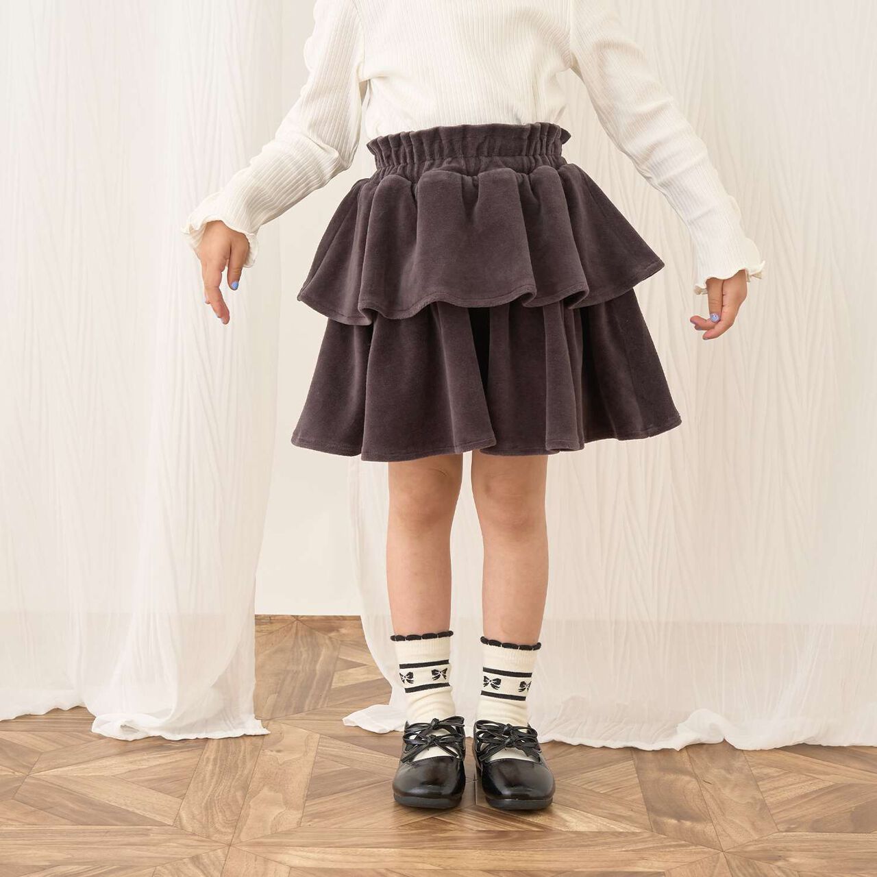 Plush Velour Coordinatable Tiered Skirt,Black, large image number 34