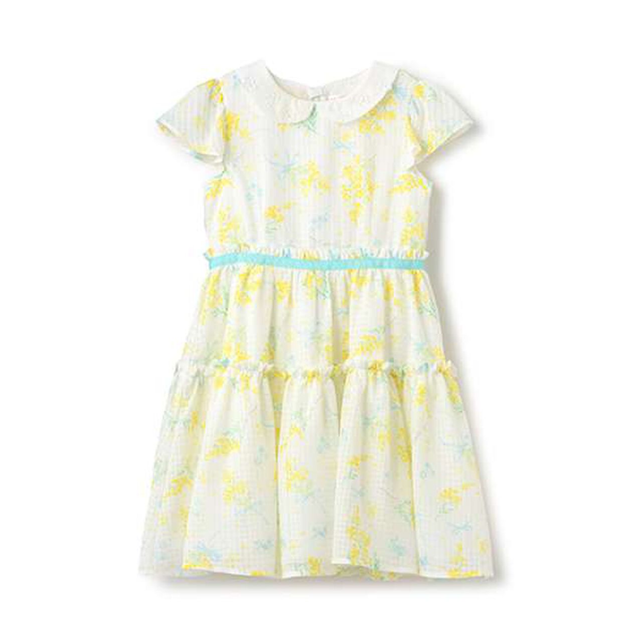 Watercolor Mimosa Pattern Collared One-Piece Dress,Off white, large image number 3