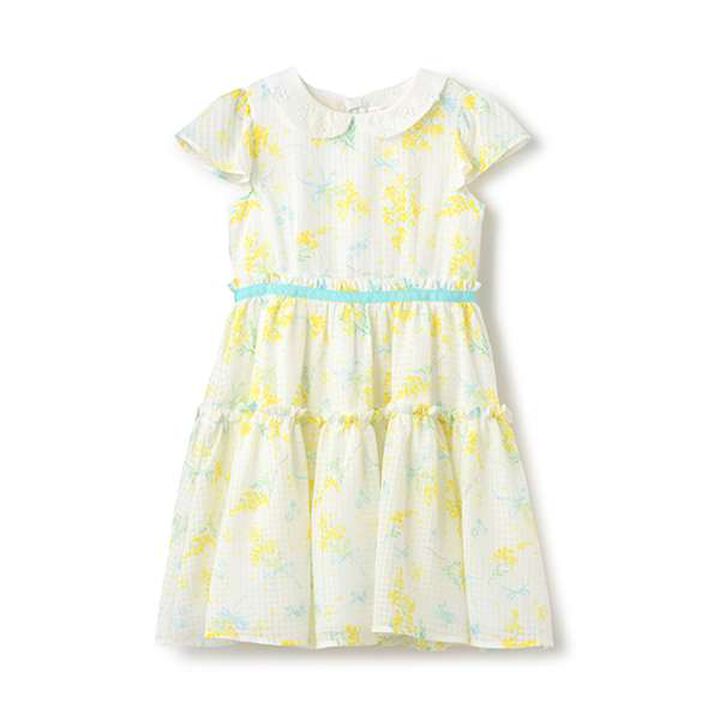 Watercolor Mimosa Pattern Collared One-Piece Dress,Off white, medium image number 3