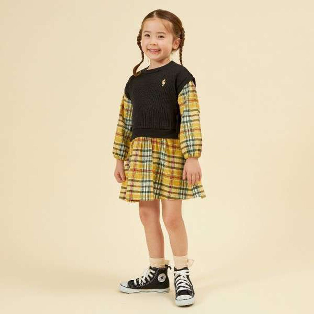 KP Layered Check One-Piece Dress [90-160],Black, large image number 5