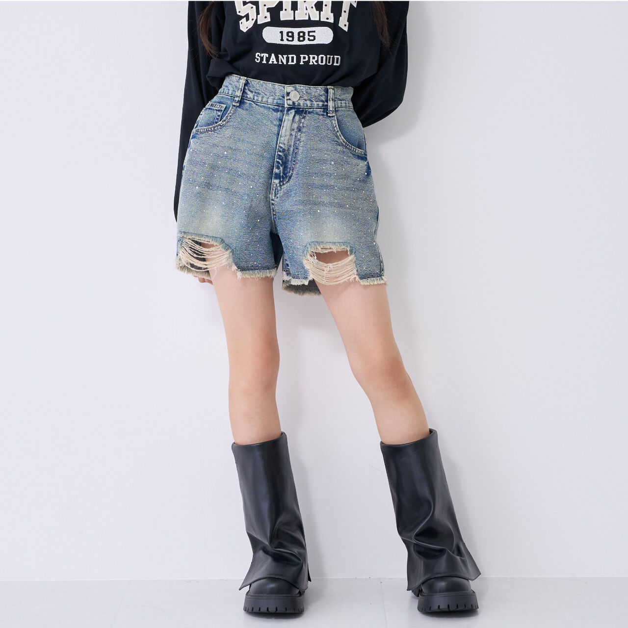 [LTXC] Sparkling Distressed Denim Shorts,Gray, large image number 3