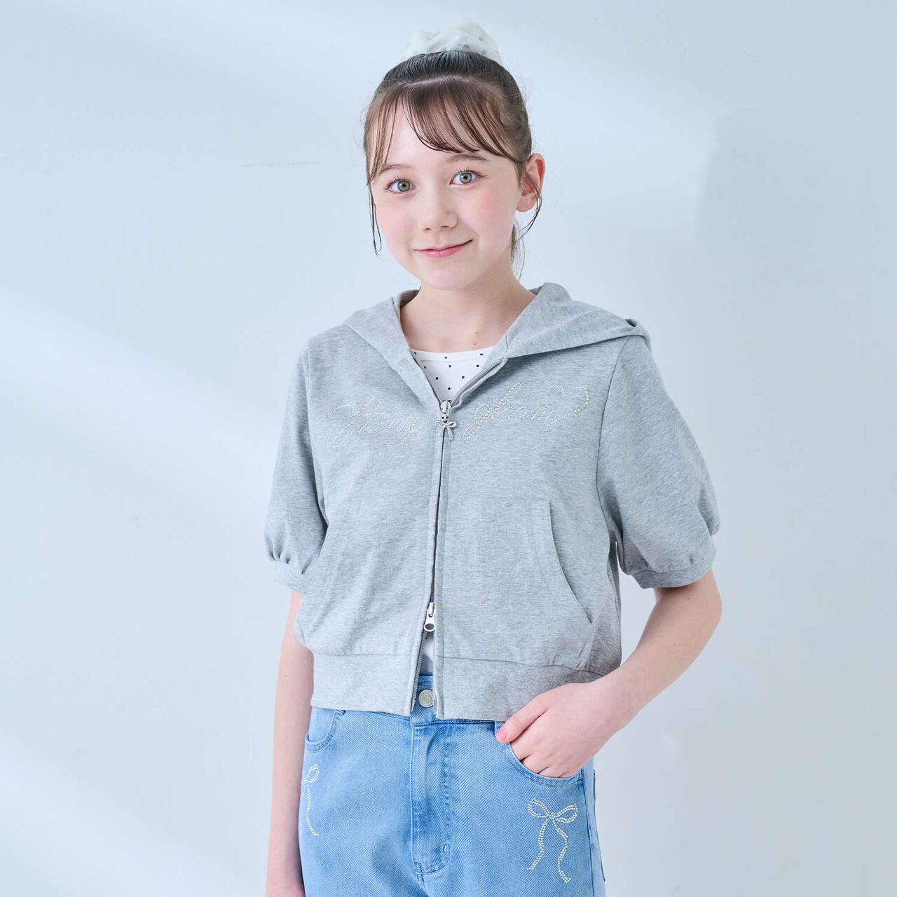 [Cool Touch & UV Protection] Rhinestone Sparkling Logo Zip Parka Outfit Set,Gray, large image number 3