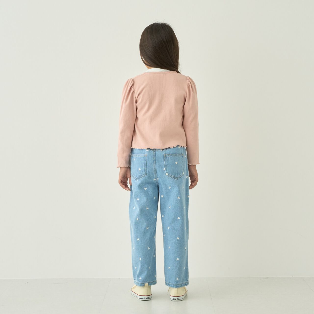 [Soft Denim] Heart Embroidered All-Over Pattern Barrel-Leg Pants for Girls [Kids],Blue, large image number 6