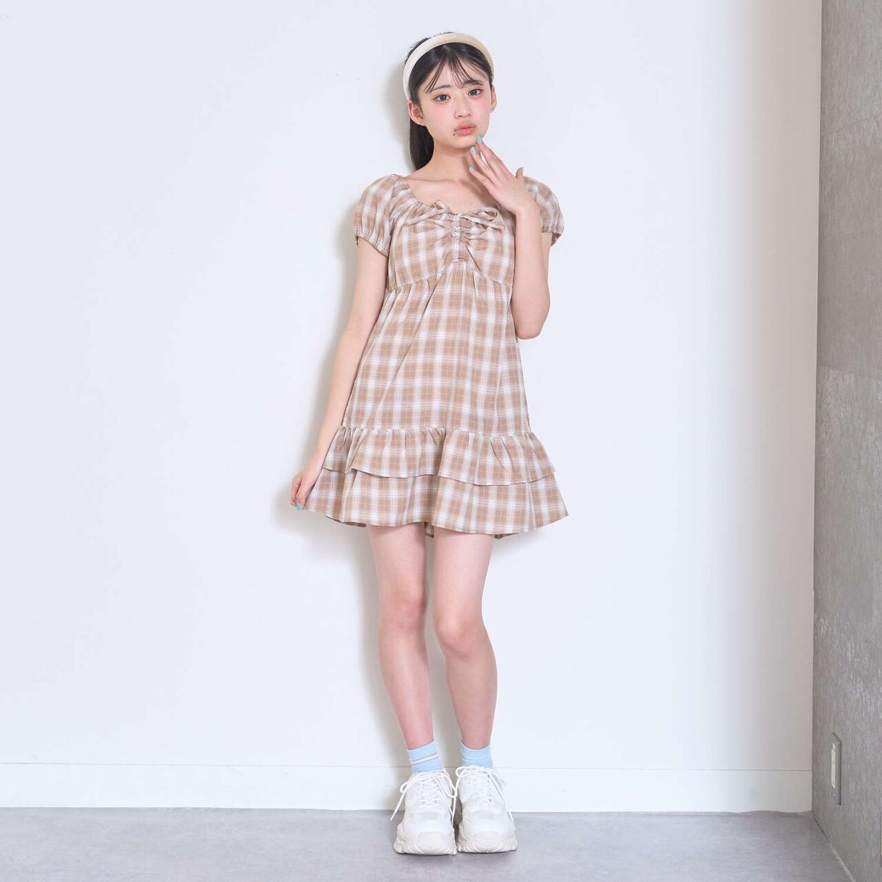 Gathered Checkered Tunic Dress,Orange, large image number 3