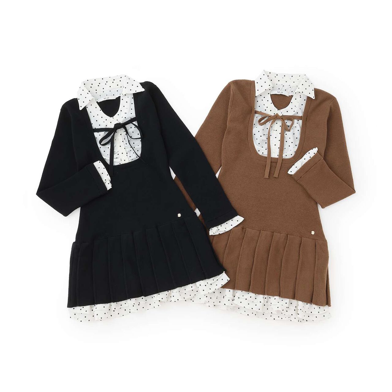 Layered Pleated Knit One-Piece Dress,Black, large image number 10