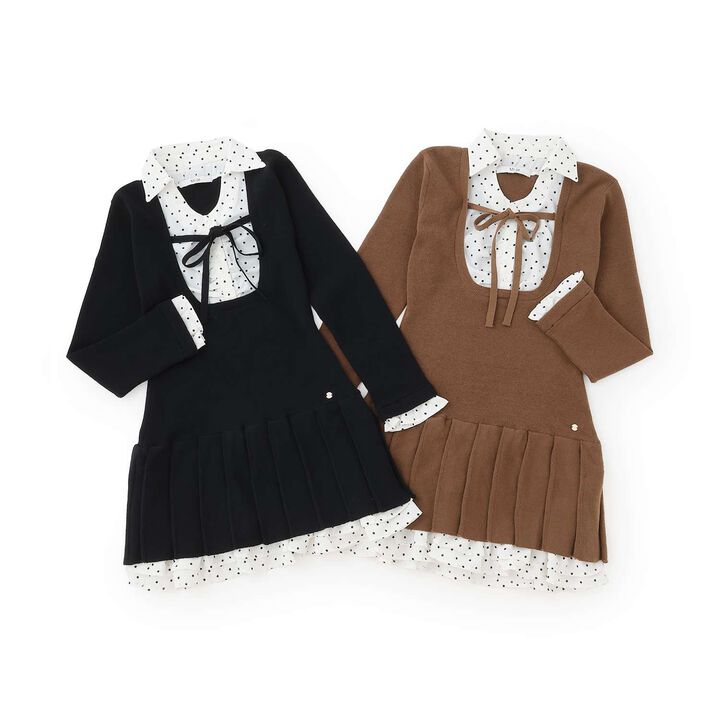 Layered Pleated Knit One-Piece Dress,Black, medium image number 10