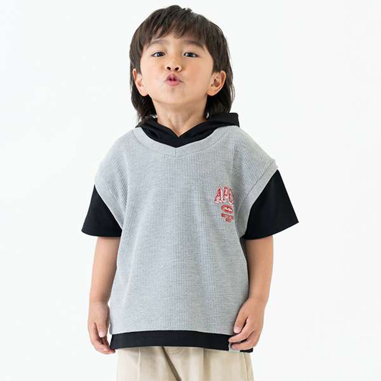 Layered Short-Sleeve Hoodie Vest,Top gray, large image number 0