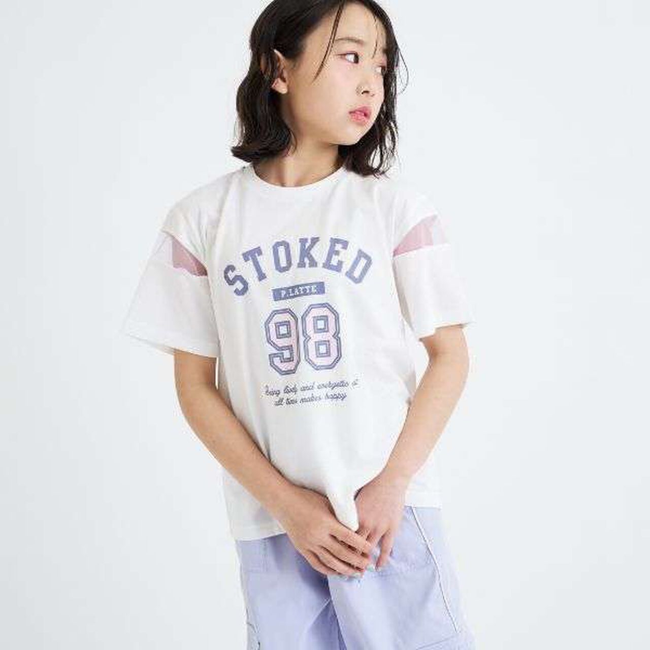 Tulle Sleeve Color Block Numbered Short Sleeve T-Shirt,Off white, large image number 0