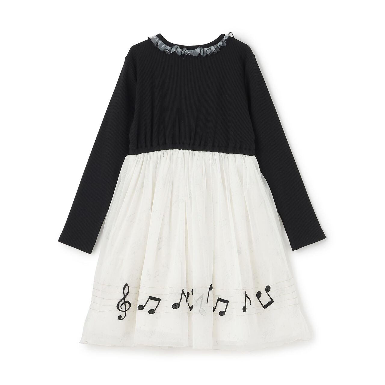Musical Note Embroidered Tulle Docking Dress,Black, large image number 1