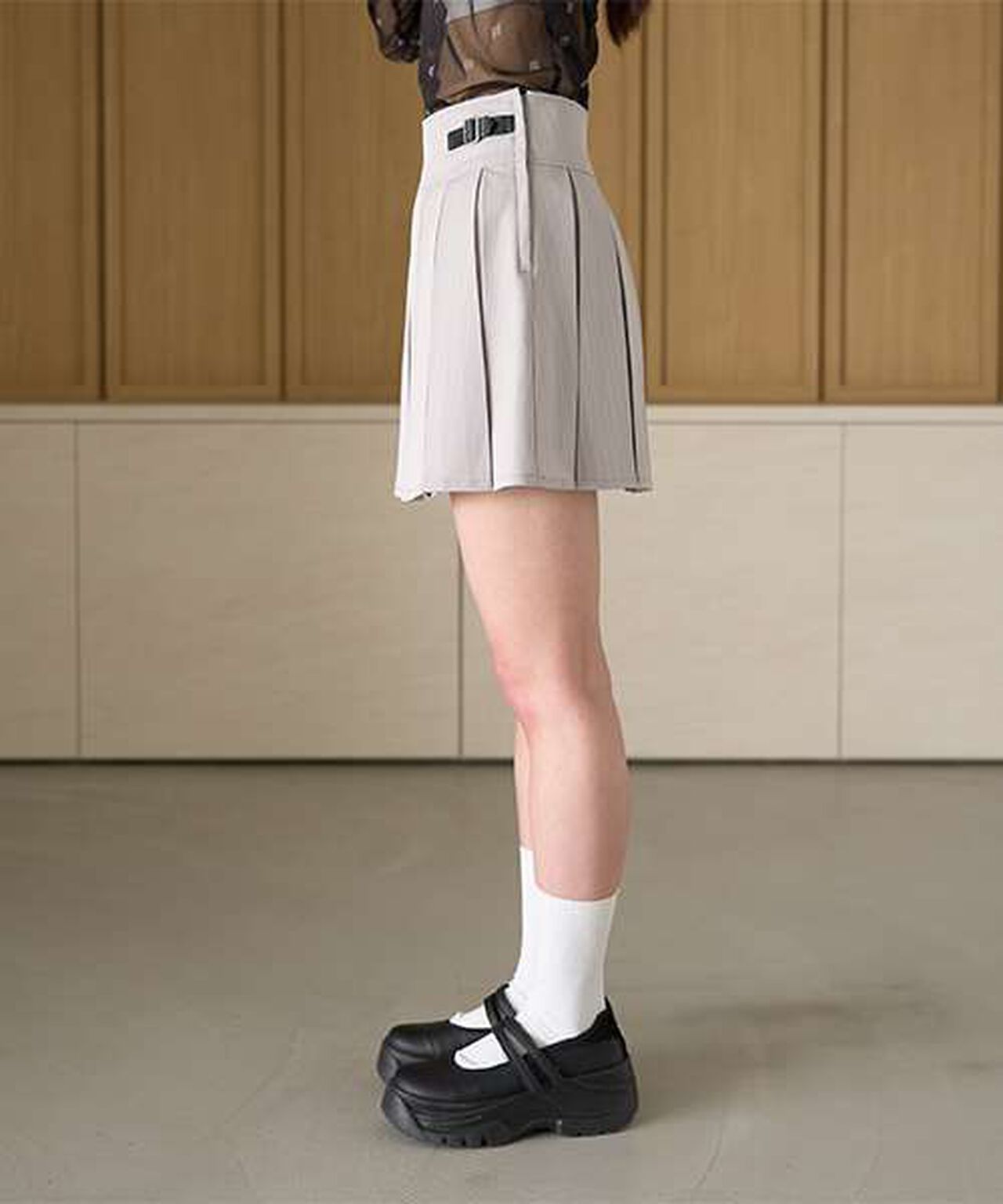 Quilted Belt Pleated Skirt,Light gray, large image number 14