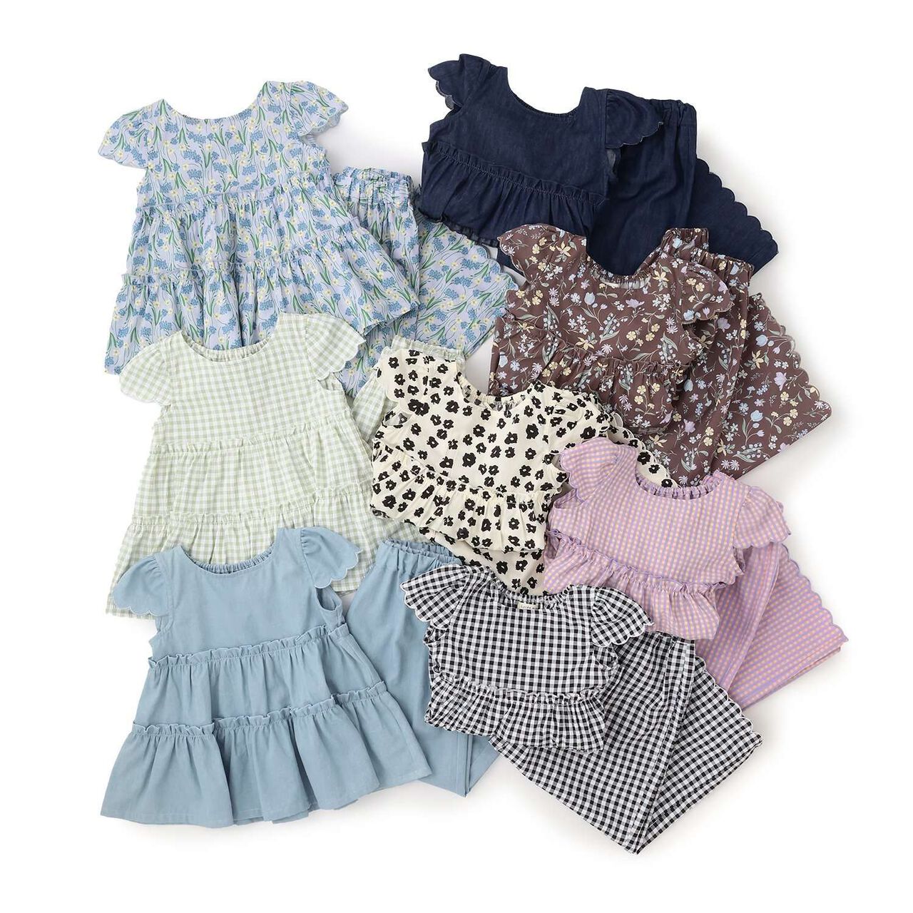 Assorted All-Over Pattern Tiered Blouse & Scallop Trim Pants Set,Emerald green, large image number 19