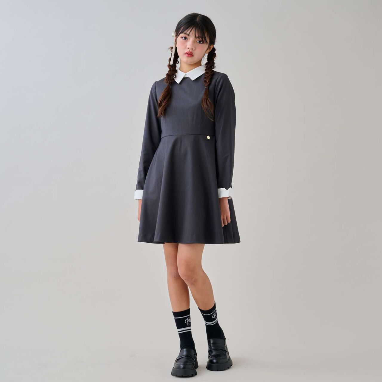 [Graduation Attire] Collared One-Piece Dress,Charcoal gray, large image number 3