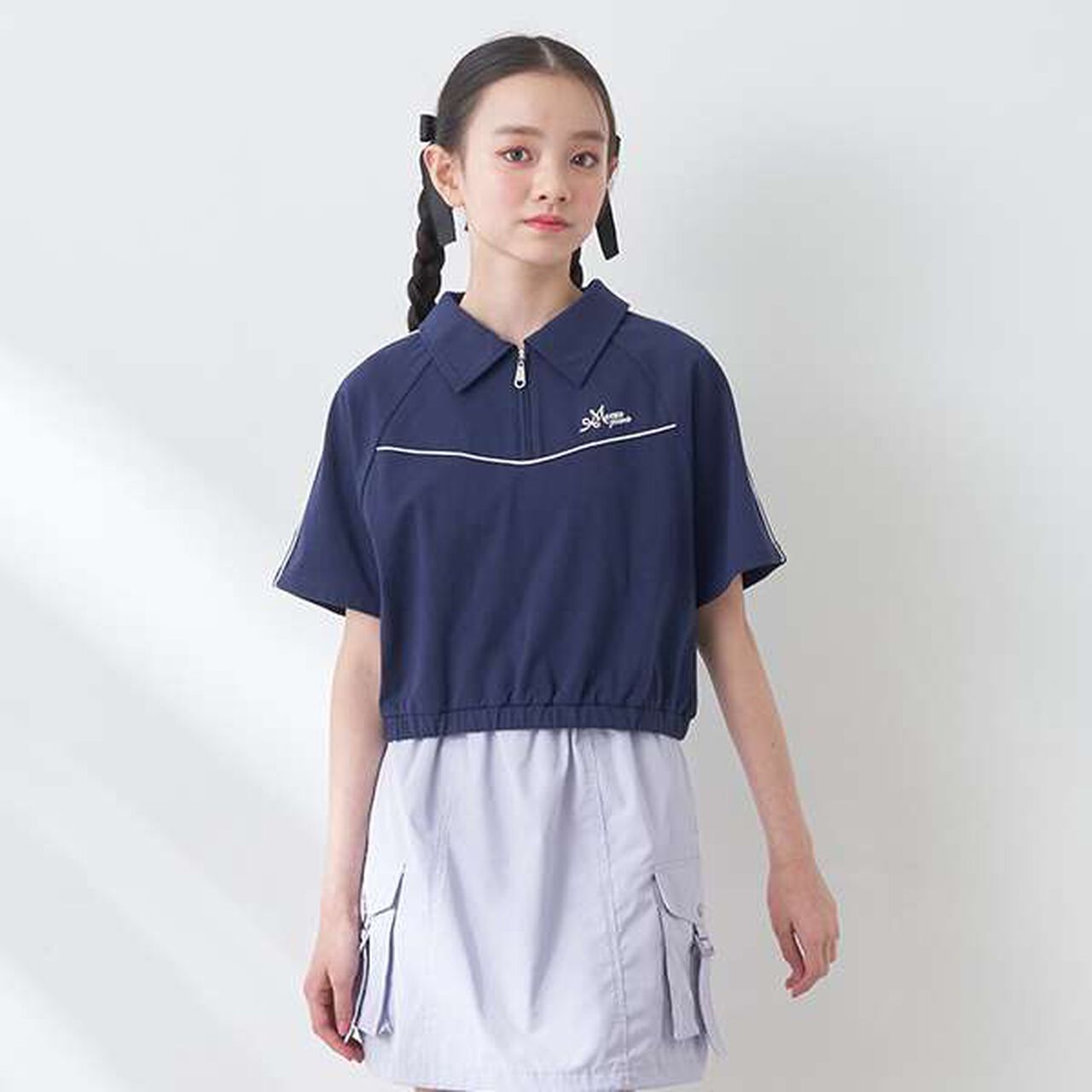 Lame Piping Half-Zip T-Shirt,Navy, large image number 2