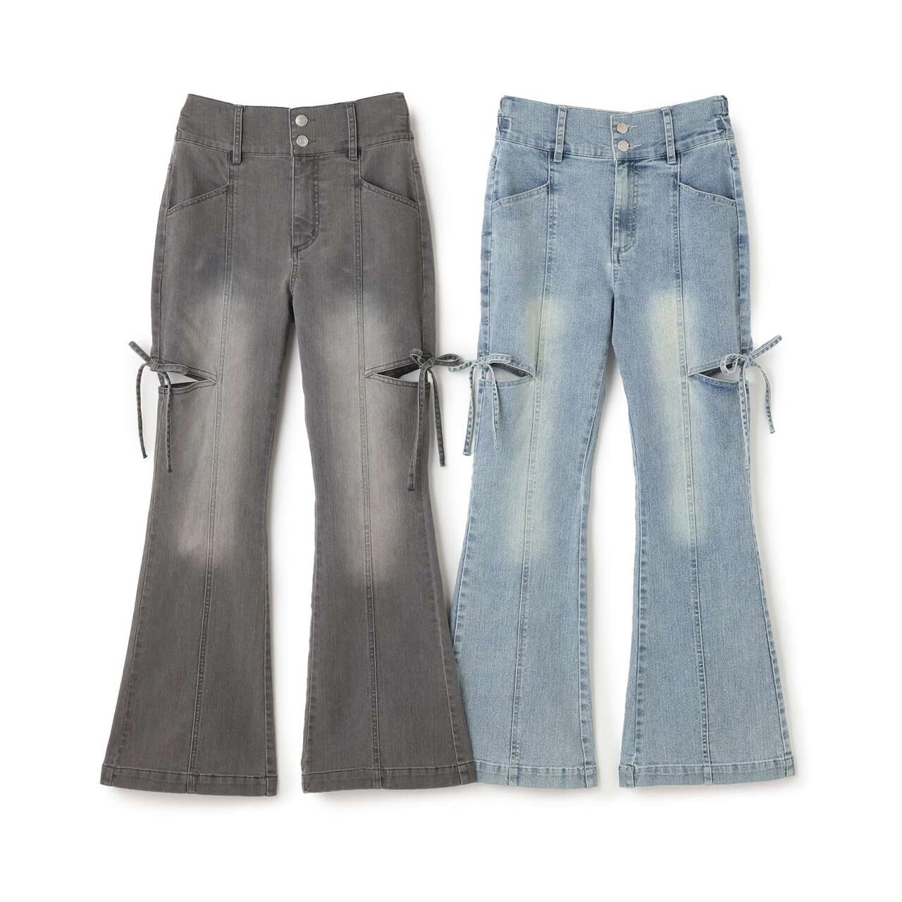 Stretch Slit Ribbon Flare Denim Pants,Gray, large image number 4