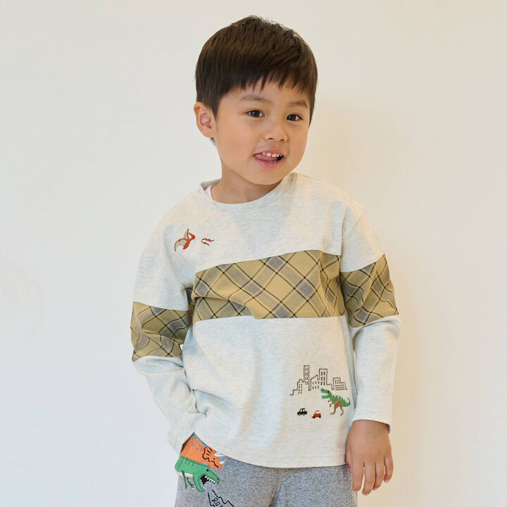 Dinosaur and City Checkered Long-Sleeve T-Shirt,Smoke white, medium image number 0