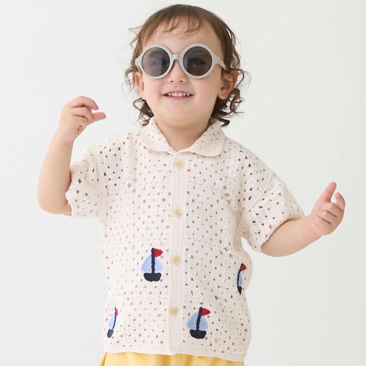 Black Crochet Open-Collar Shirt,Pearl white, large image number 0