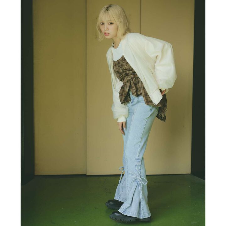 Lace-Up Ribbon Flare Denim Pants,Gray, medium image number 1