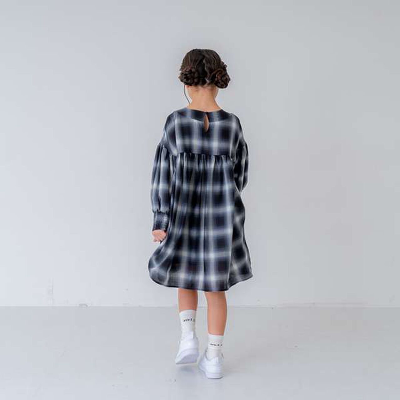 [Link] Ombre Check Volume Mini Dress,Black, large image number 15