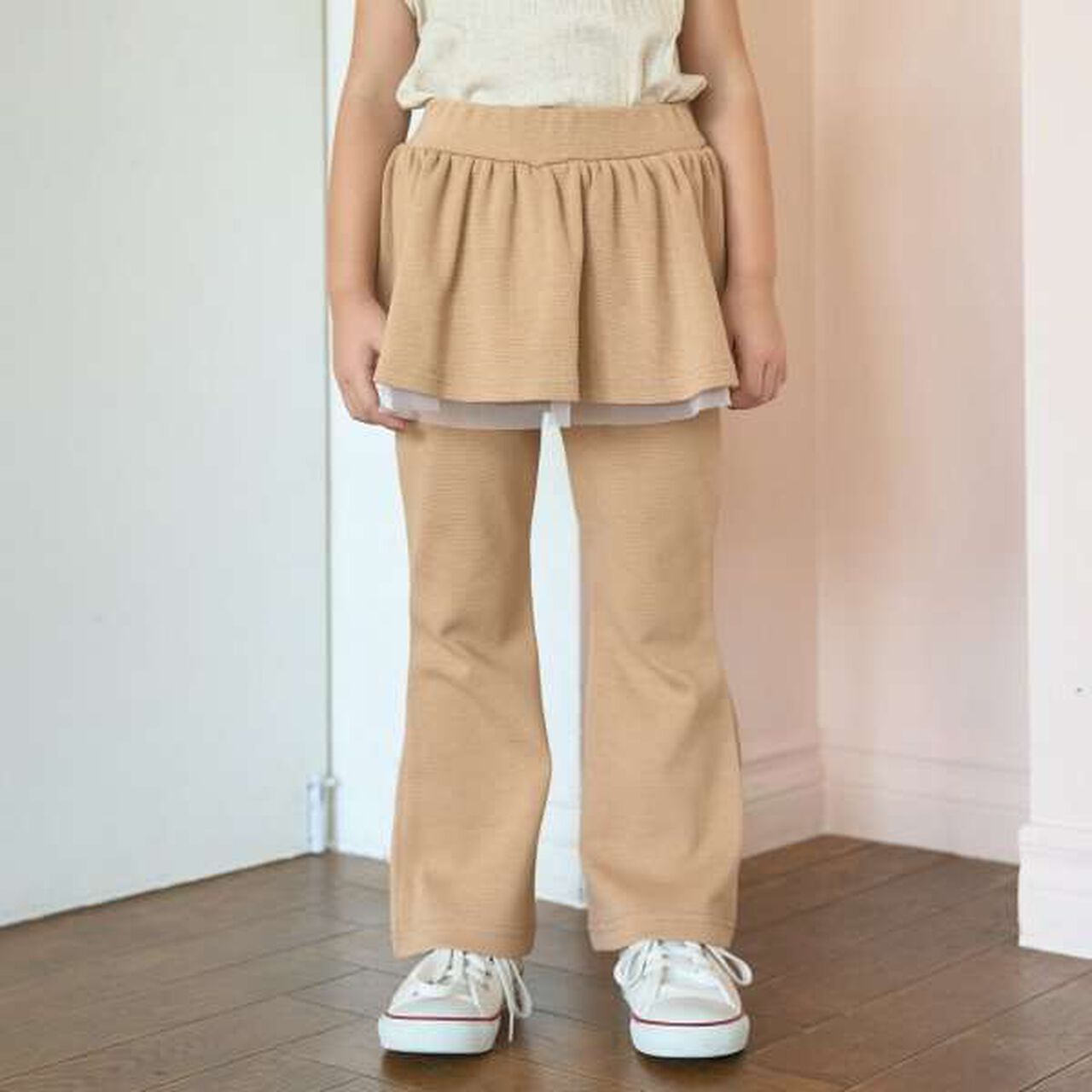 Tomo Pants with Gathered Skirt and Wool Lining Flare Pants,Beige, large image number 0