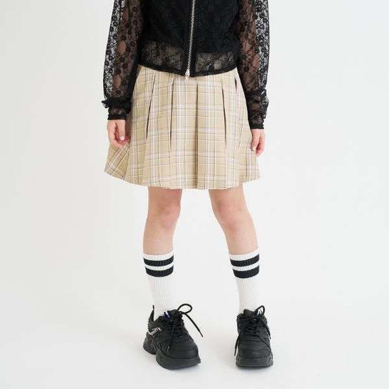 Checkered Front Pleated Skirt,Light beige, large image number 0